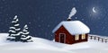 Festive vector night winter countryside background with a red cottage house, chimney smoke and christmas trees, merry christmas Royalty Free Stock Photo